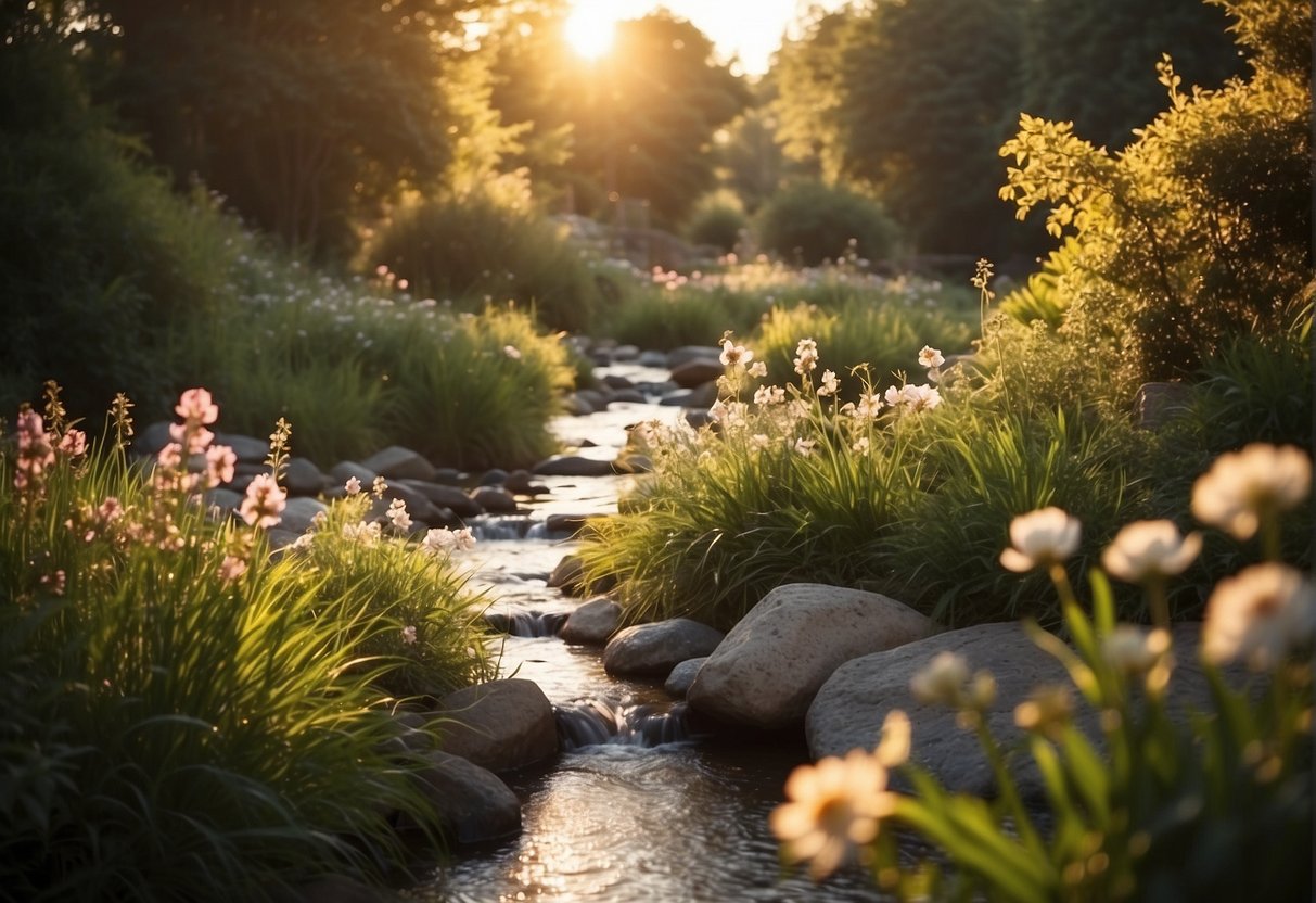 A tranquil garden with a flowing stream, blooming flowers, and a peaceful sunset casting a warm glow over the serene landscape