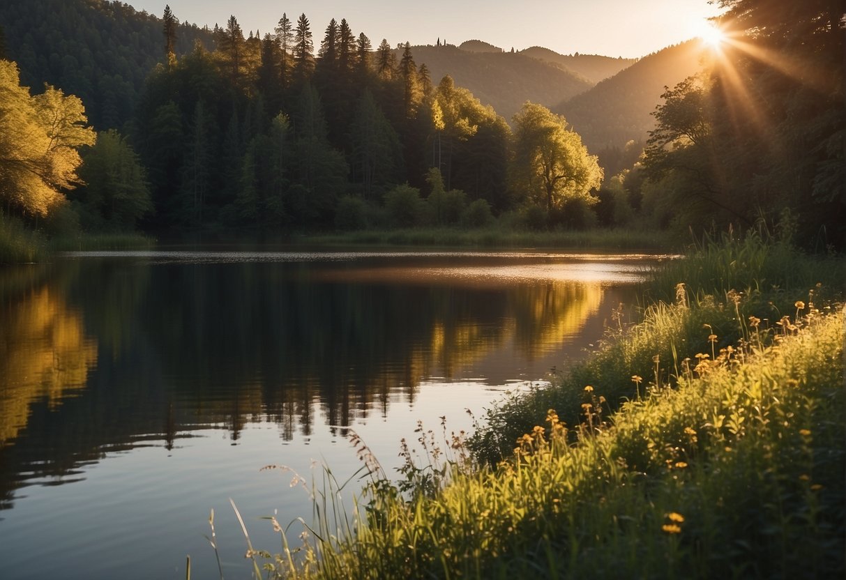A serene landscape with a calm lake, surrounded by lush greenery and gentle, flowing water. The sun is setting, casting a warm, peaceful glow over the scene