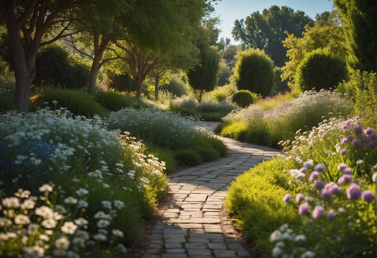 A serene landscape with a winding path leading through a peaceful garden, surrounded by blooming flowers and lush greenery, with a clear blue sky overhead