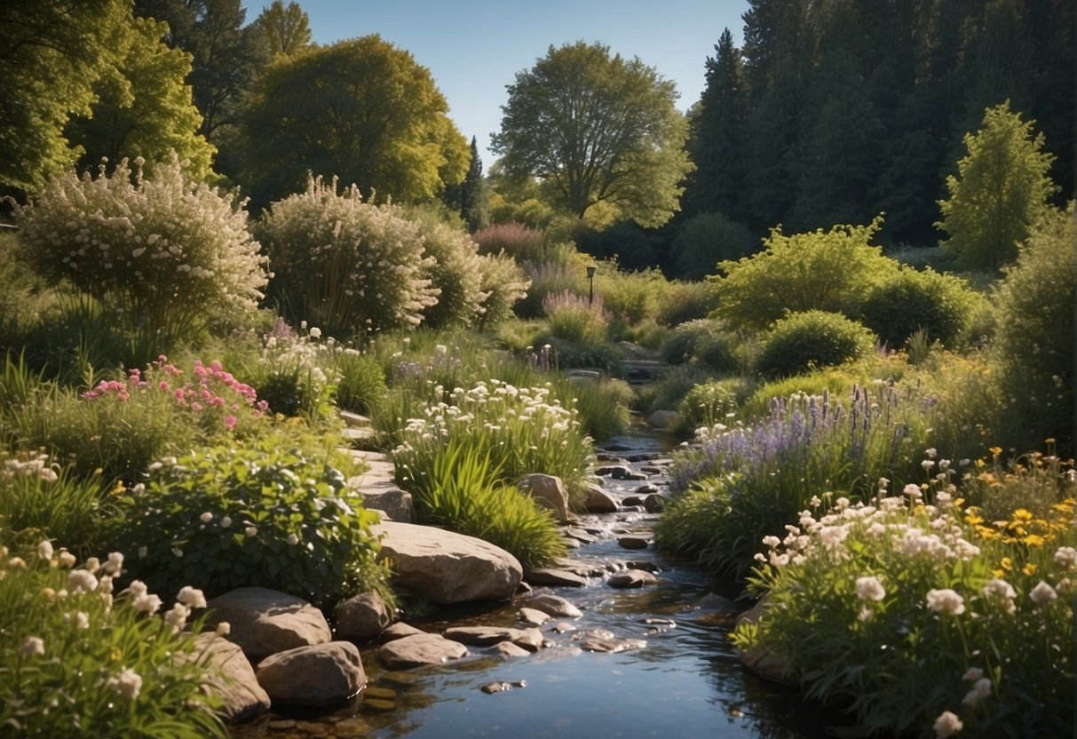 A tranquil garden with blooming flowers, a peaceful stream, and a clear blue sky. The scene exudes a sense of calm and serenity, inviting the viewer to embrace mindfulness and inner peace