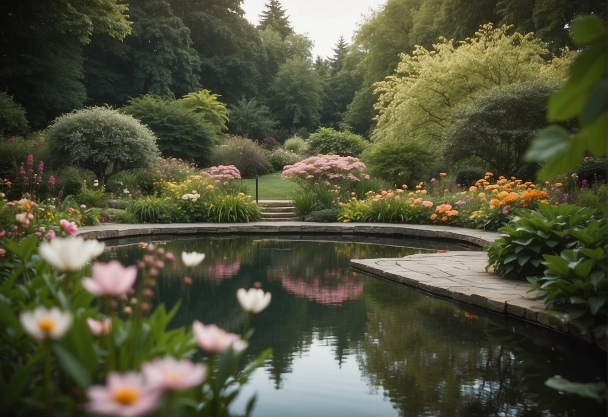A tranquil garden with a peaceful pond, surrounded by lush greenery and colorful flowers, with a gentle breeze rustling the leaves