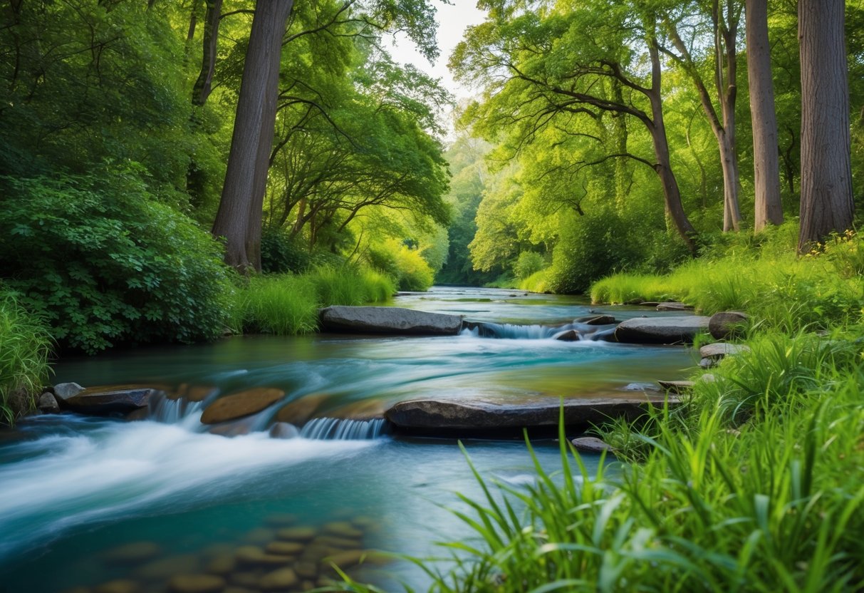 A serene natural setting with a calm, flowing stream surrounded by lush greenery and tall trees. The scene exudes tranquility and relaxation, perfect for illustrating the principles of sophrology