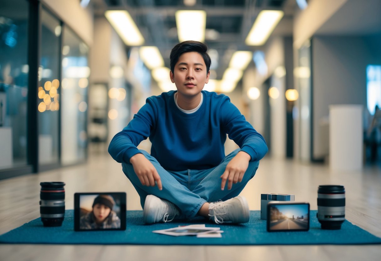 A person sitting in a relaxed posture, with a nonchalant expression on their face, surrounded by various objects symbolizing indifference and apathy