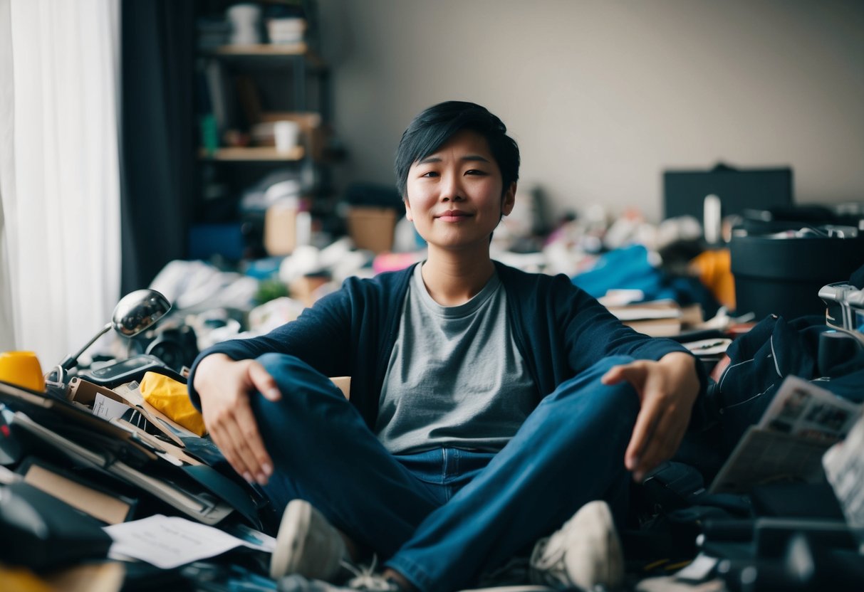 A person sitting in a relaxed posture, surrounded by clutter and disarray. Their facial expression is indifferent, with a slight shrug of the shoulders