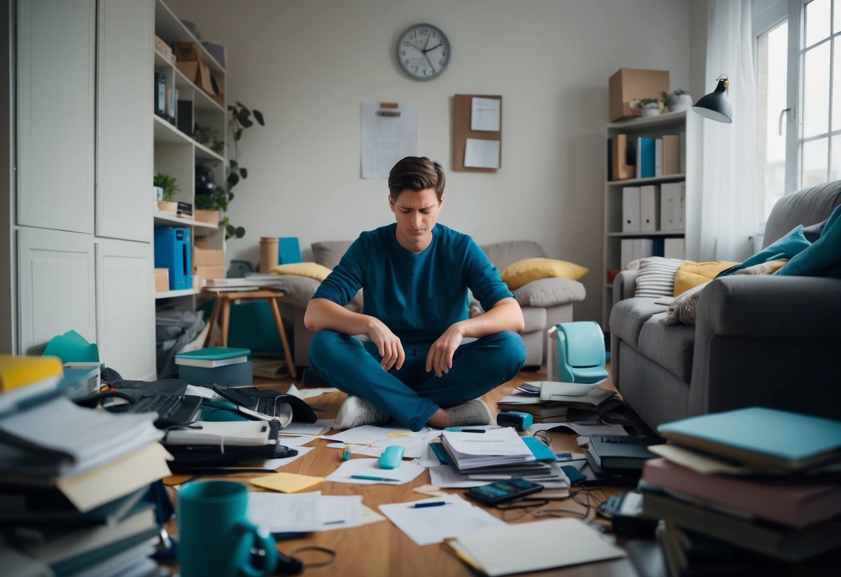 A person sitting in a cluttered room, surrounded by unfinished tasks and a disorganized environment, appearing indifferent and apathetic towards their mental health and stress