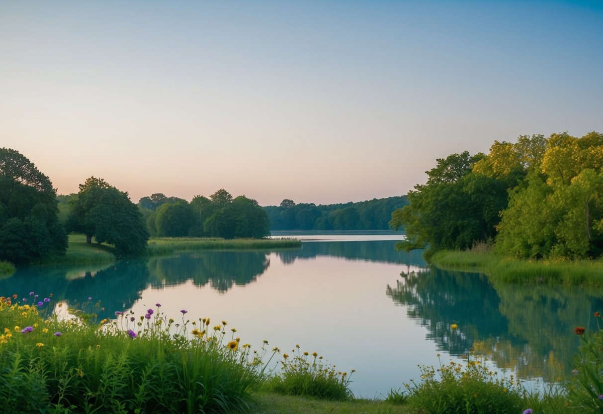 A serene landscape with a calm, clear sky and a tranquil body of water, surrounded by lush greenery and colorful flowers