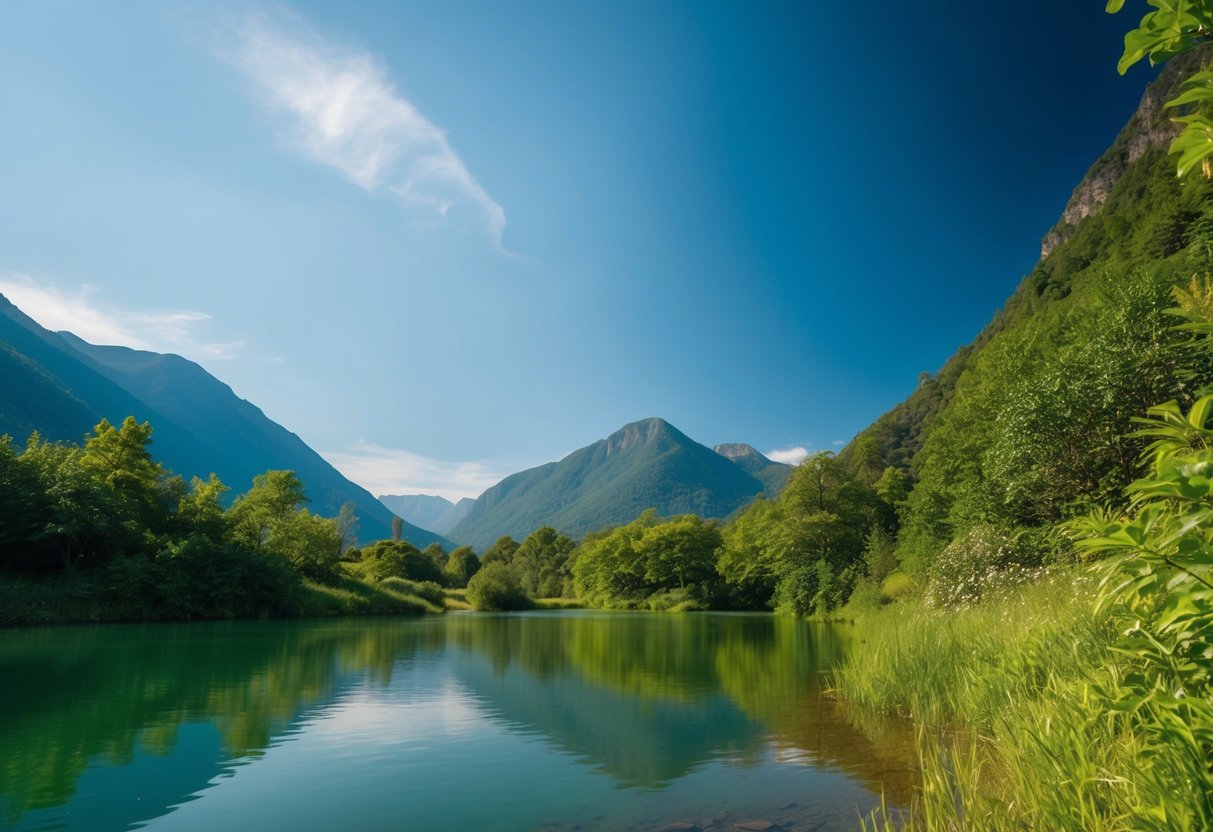 A serene, natural setting with a clear blue sky, lush greenery, and a tranquil body of water, surrounded by mountains