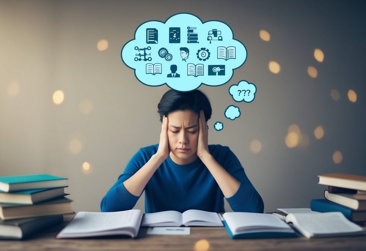 A person sitting with a disinterested expression, surrounded by books and papers. A thought bubble above their head shows various psychological concepts