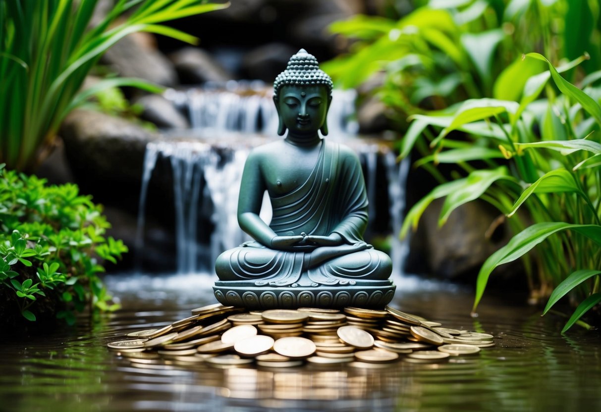 A serene Buddha statue sits atop a pile of coins, surrounded by lush green plants and flowing water, creating a harmonious and peaceful atmosphere