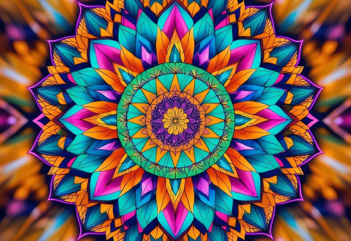 A mandala with intricate geometric forms and vibrant colors, radiating a sense of balance and harmony