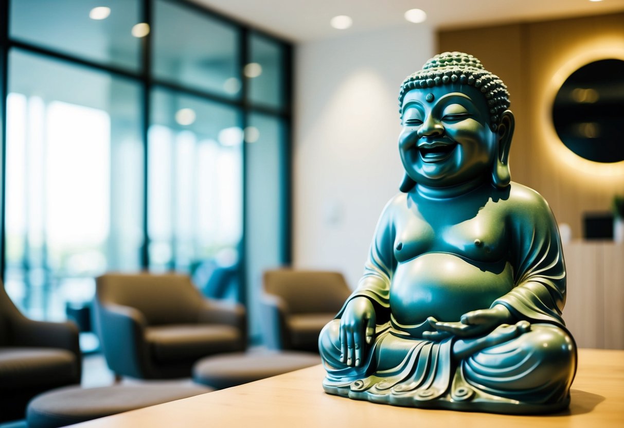 A modern interpretation of a laughing Buddha statue used as a decorative element in a health-focused setting