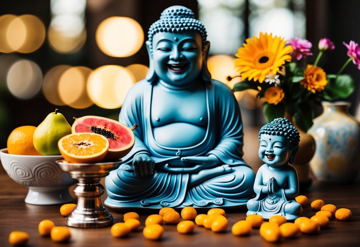 A laughing Buddha statue surrounded by symbols of health and prosperity: a bowl of fruit, a vase of flowers, and a laughing child figurine