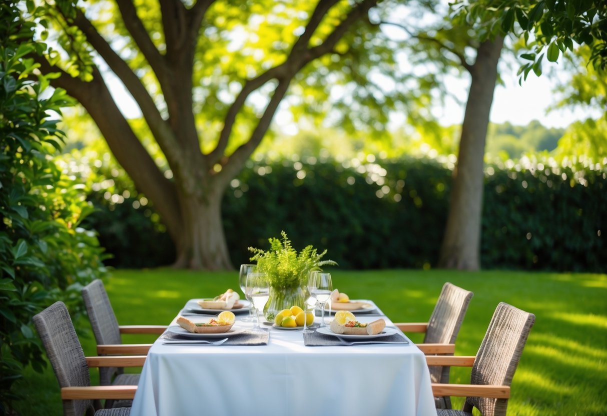 A serene outdoor scene with a table set for lunch, surrounded by lush greenery and dappled sunlight filtering through the trees