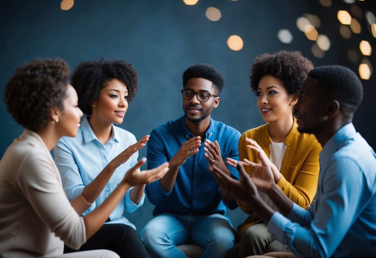 A group of gifted individuals engage in deep conversation, displaying heightened emotional and social awareness. Their intuitive nature is evident in their animated expressions and gestures