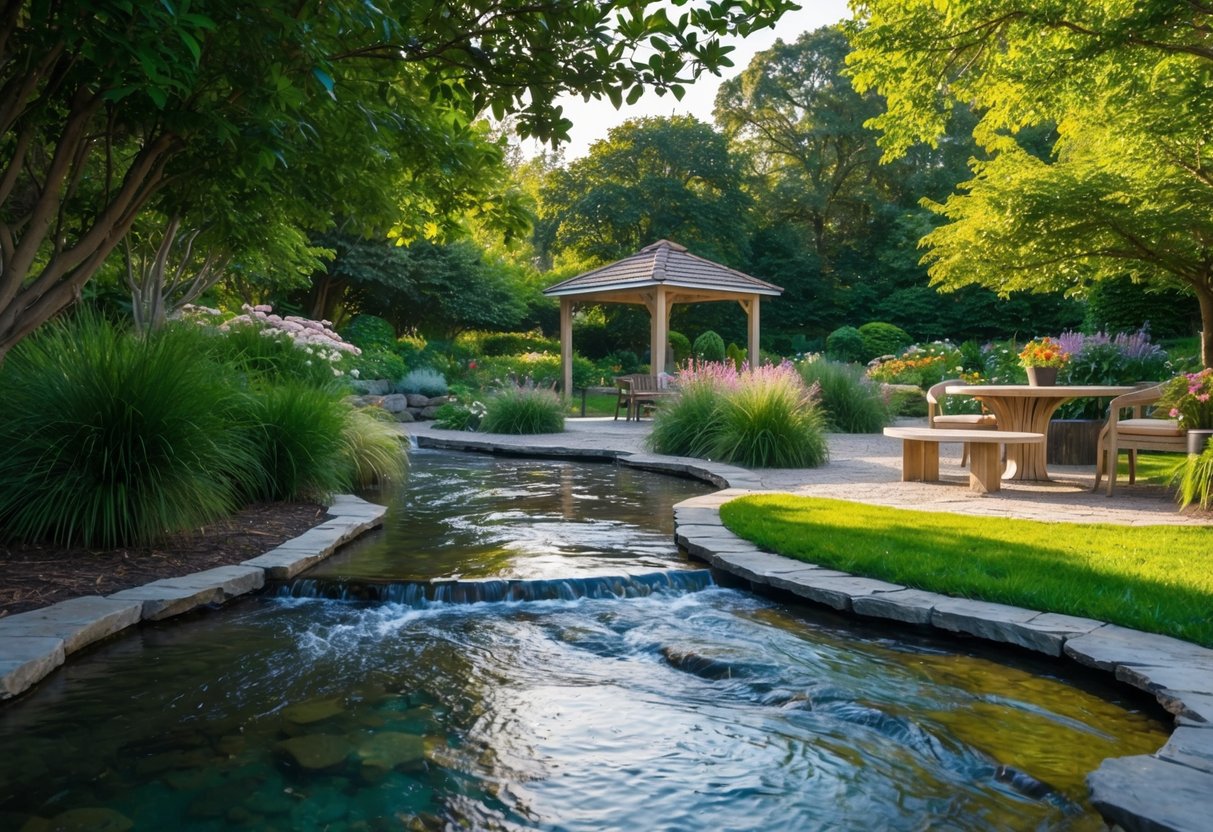 A tranquil outdoor setting with a peaceful garden, a flowing stream, and a shaded area for a relaxing lunch break and meditation