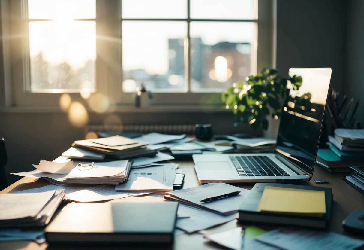 A cluttered desk with scattered papers, books, and a laptop. A window with sunlight streaming in, casting shadows on the chaotic workspace