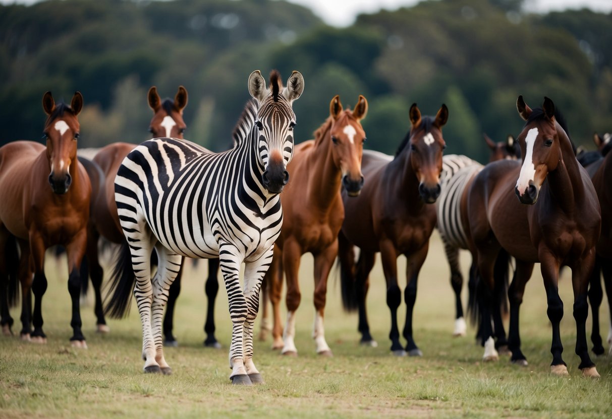 A zebra standing out among a herd of horses, showcasing its unique stripes and a sense of intuition and intelligence