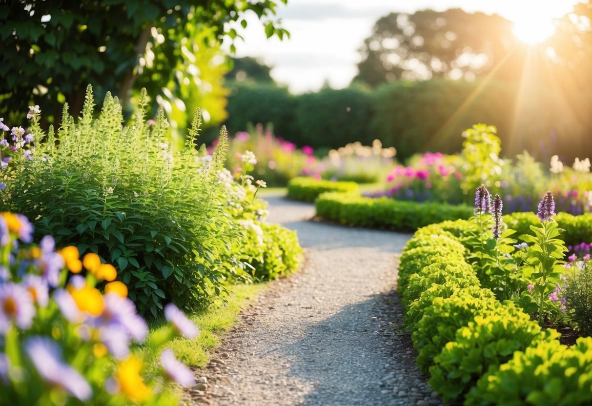 A serene garden with vibrant flowers and a winding path leading to a peaceful, sunlit clearing