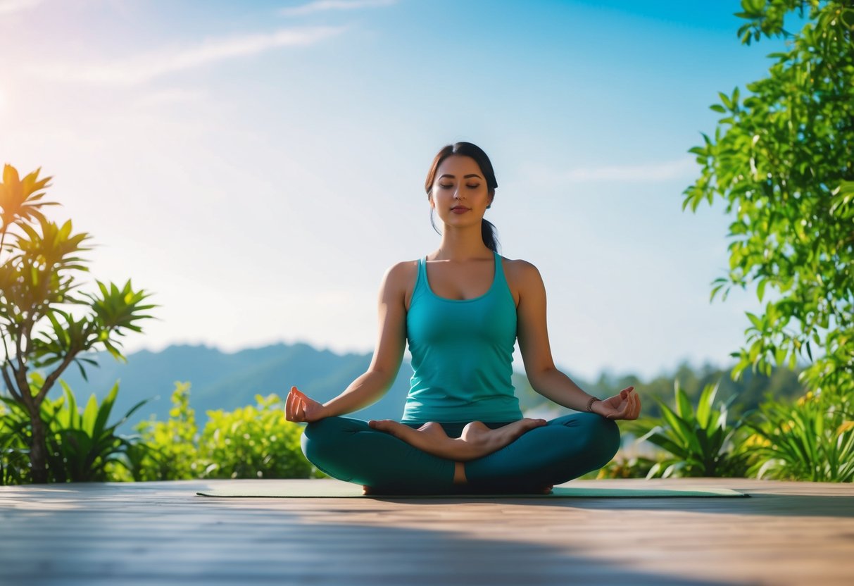 A serene outdoor setting with a peaceful atmosphere, a clear blue sky, and lush greenery. A tranquil space for a midday meditation break, promoting physical and mental well-being